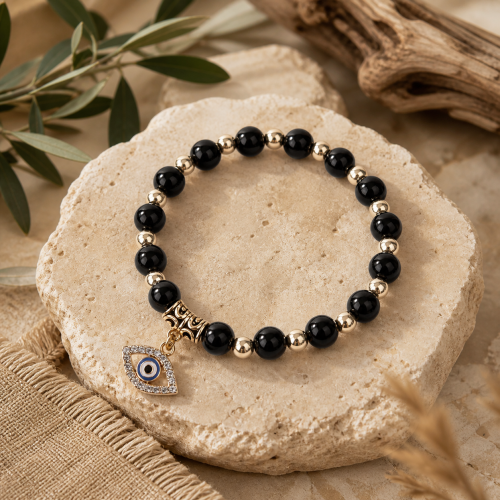Evil Eye Protection Bracelet – Black Bead & Gold Charm Stretch Bracelet