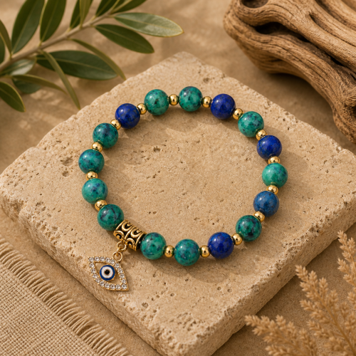 Evil Eye Protection Bracelet – Earth Bead & Gold Charm Stretch Bracelet