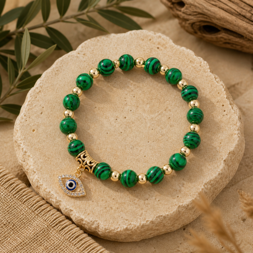 Evil Eye Protection Bracelet – Green Bead & Gold Charm Stretch Bracelet