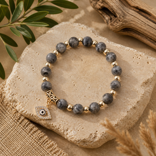 Evil Eye Protection Bracelet – Grey Bead & Gold Charm Stretch Bracelet