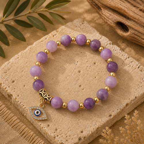 Evil Eye Protection Bracelet – Purple Bead & Gold Charm Stretch Bracelet