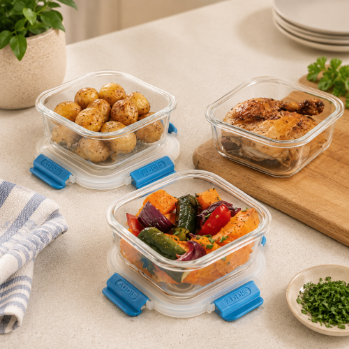 O2 OvenLock 4 Side Glass Food Storage Dish Set – 3 x 520ml Square Borosilicate Glass Containers with Locking Lids