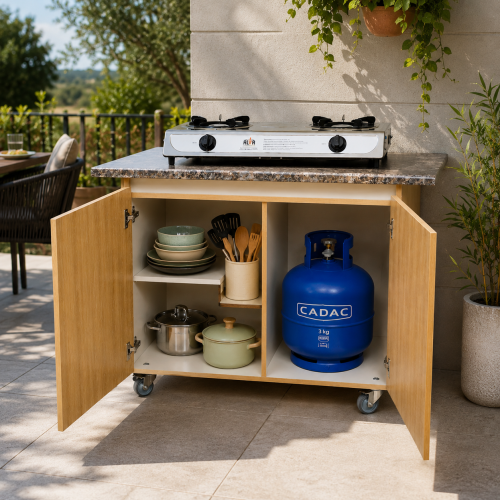 DRD Mobile Gas & Storage Cabinet – Portable Cooking Station with Formica Worktop and Gas Bottle Storage